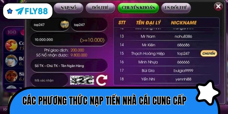 nạp tiền các phương thức
